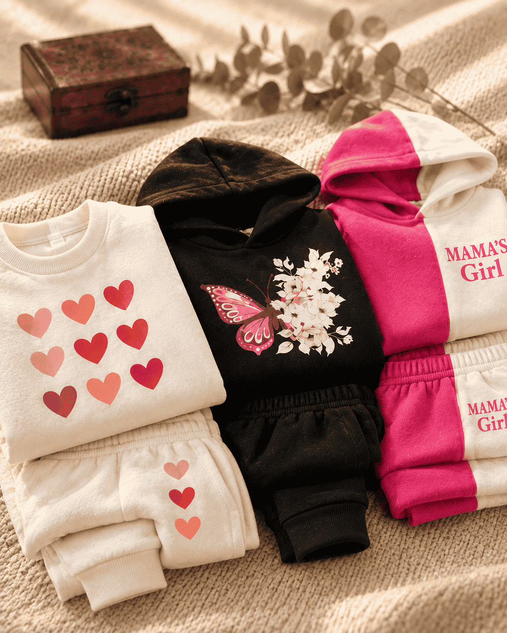 Pack of 3 Girls Winter Sets: Hearts, Butterfly Hoodie & MAMA'S Girl