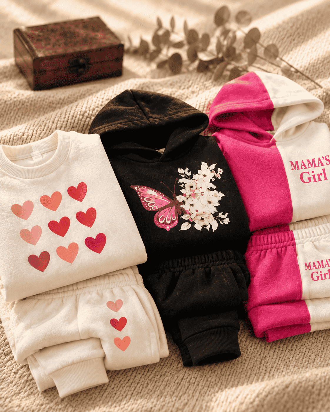 Pack of 3 Girls Winter Sets: Hearts, Butterfly Hoodie & MAMA'S Girl