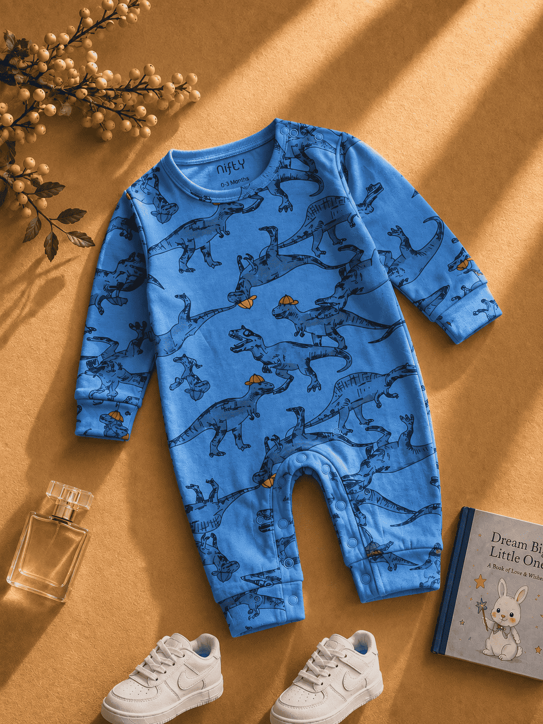 Baby Dinosaur Print Romper | Blue Long Sleeve Jumpsuit