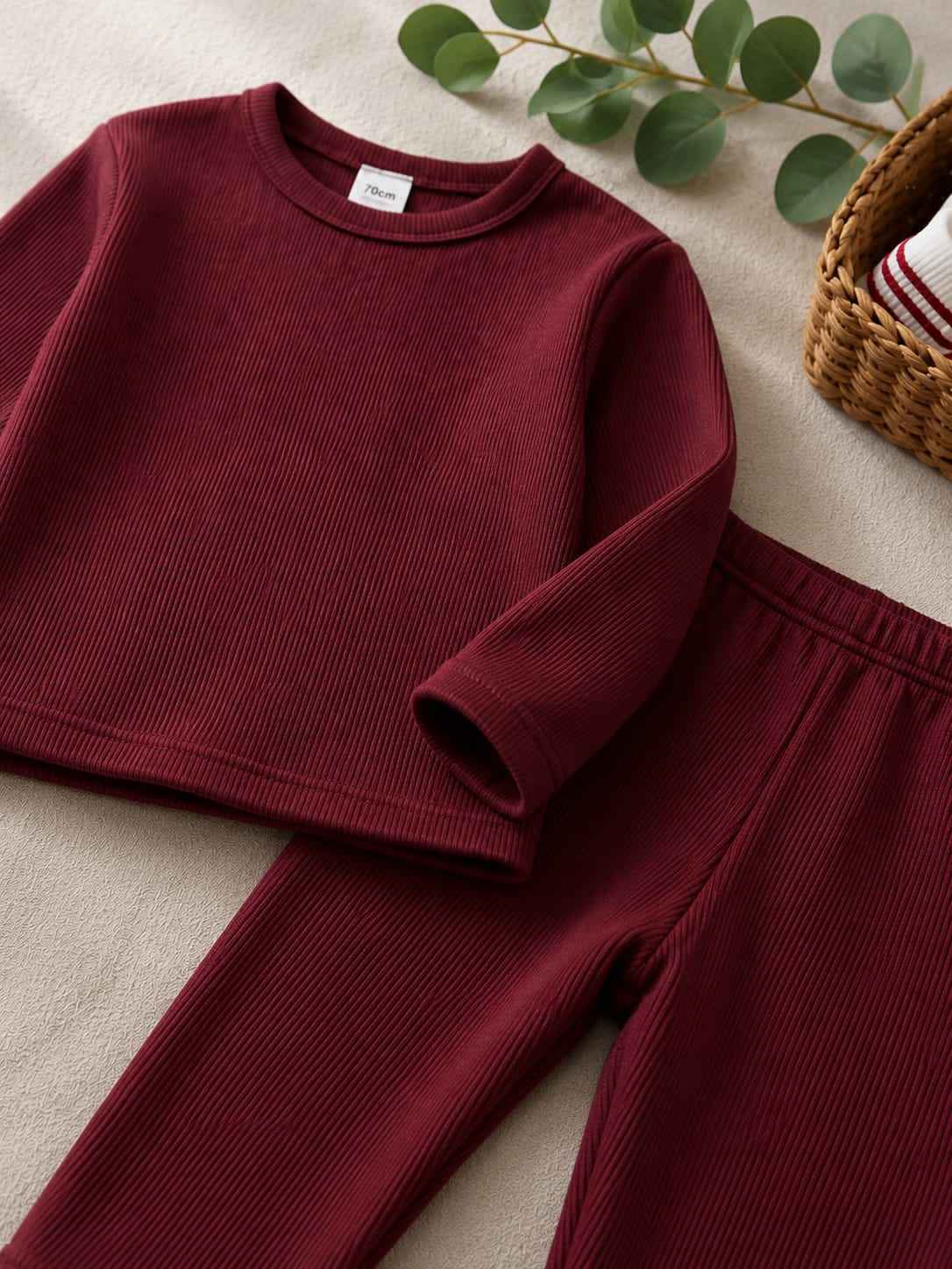 Plush Round Neck Style Ribbed Knit Sweat Set - Maroon