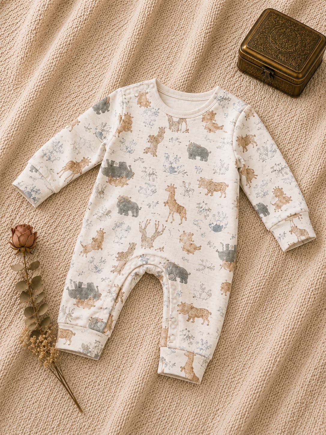 Cream baby romper with elephant giraffe print
