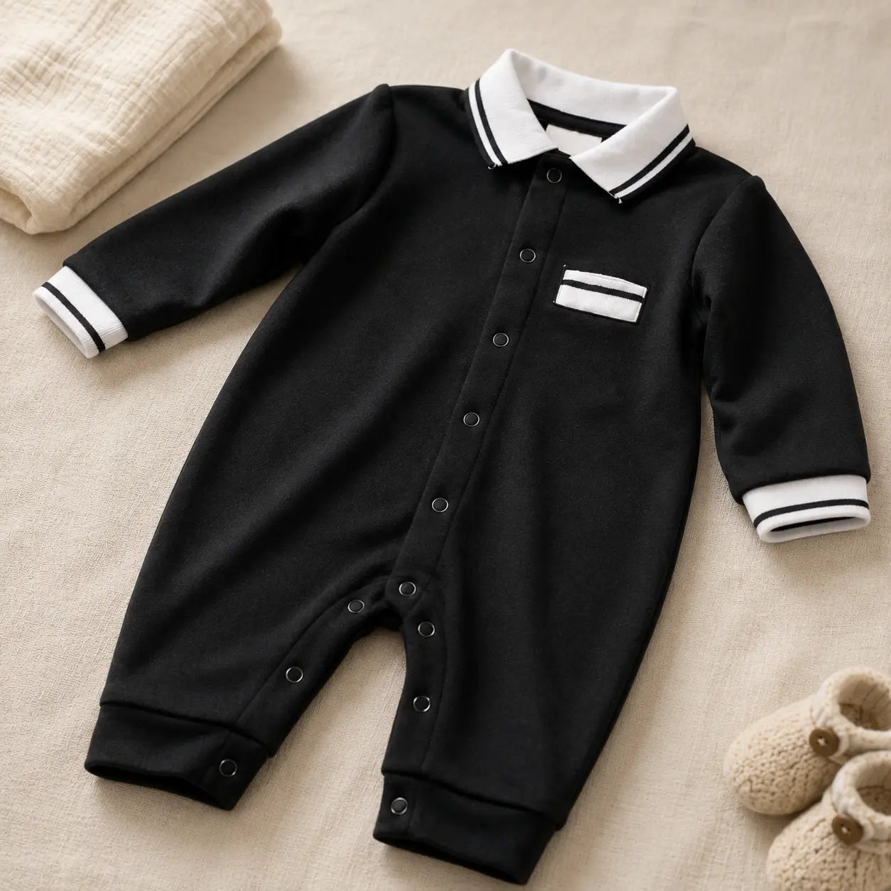 Baby Boy Romper – Black with White Striped Collar Jumpsuit