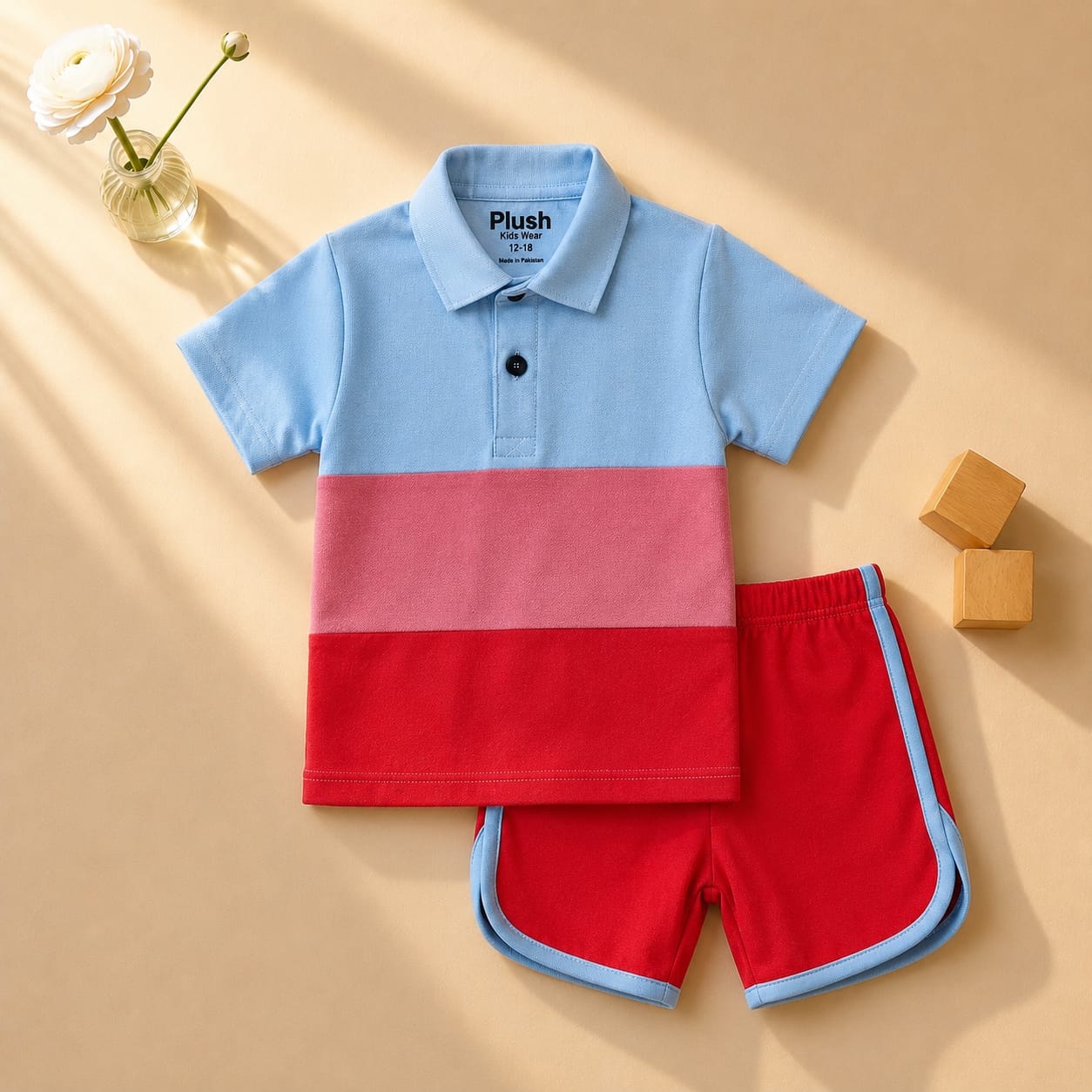Plush-Baby Plaid Polo Shirt & Shorts-Red-Blue