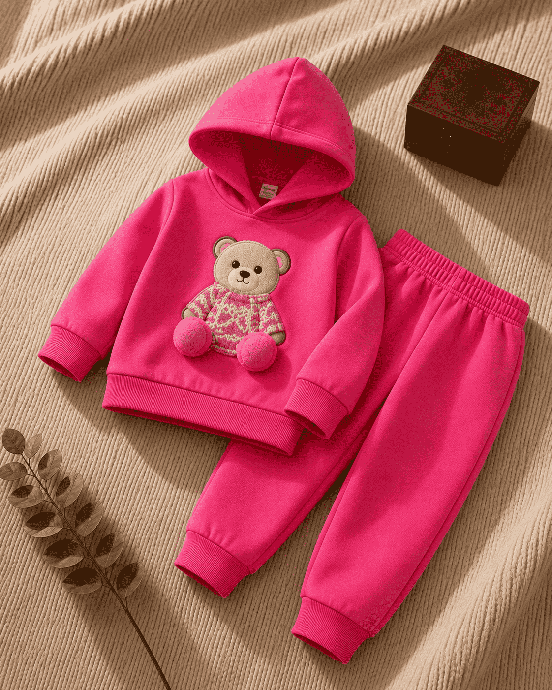 Plush Hoodie Style - Basic Bear Fleece Sweat Set Baby Pink