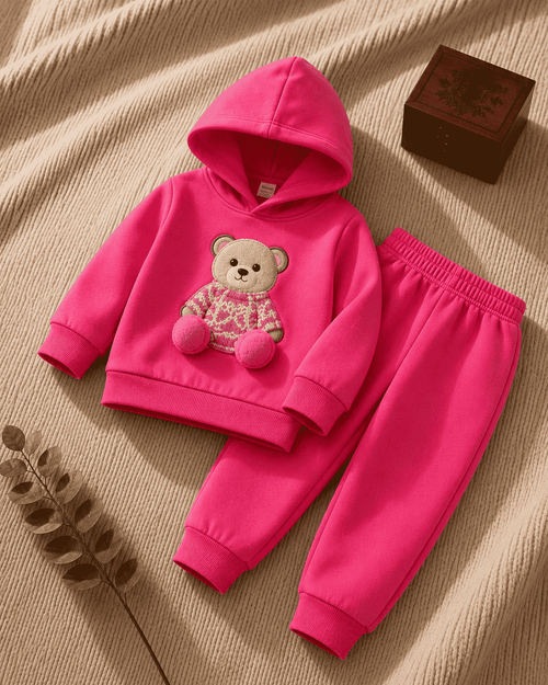 Plush Hoodie Style - Basic Bear Fleece Sweat Set Baby Pink