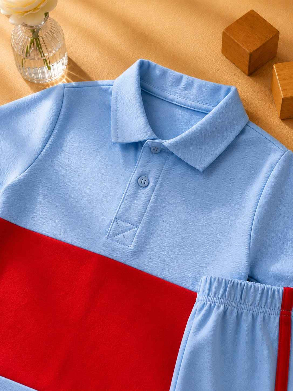 Plush-Baby Plaid Polo Shirt & Shorts-Red-Blue
