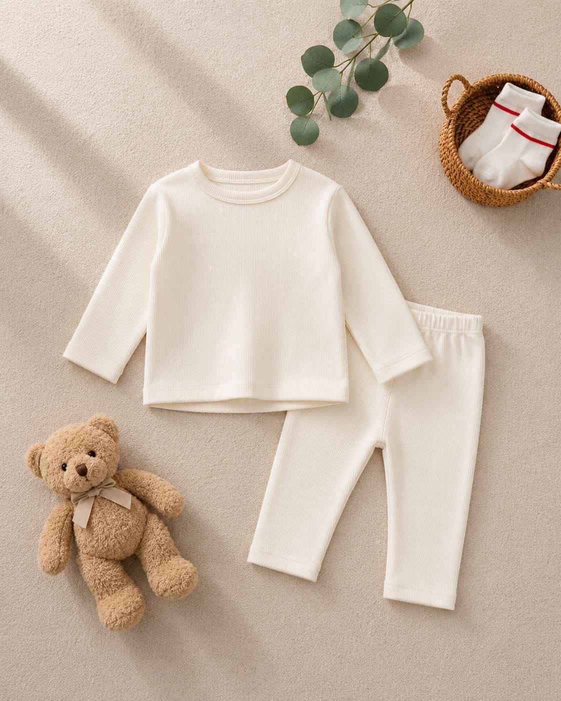 Plush Round Neck Style Ribbed Knit Sweat Set - White