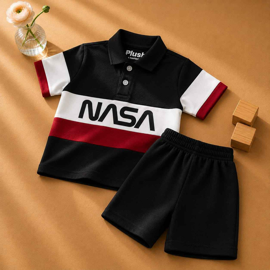 Plush-Baby Plaid Polo Shirt & Shorts-Black-White
