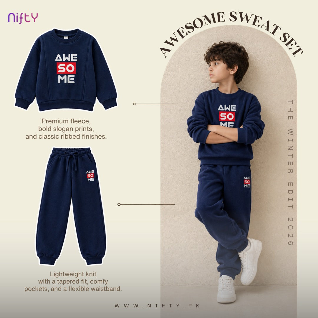 Navy kids tracksuit set with white and red Awe So Me print