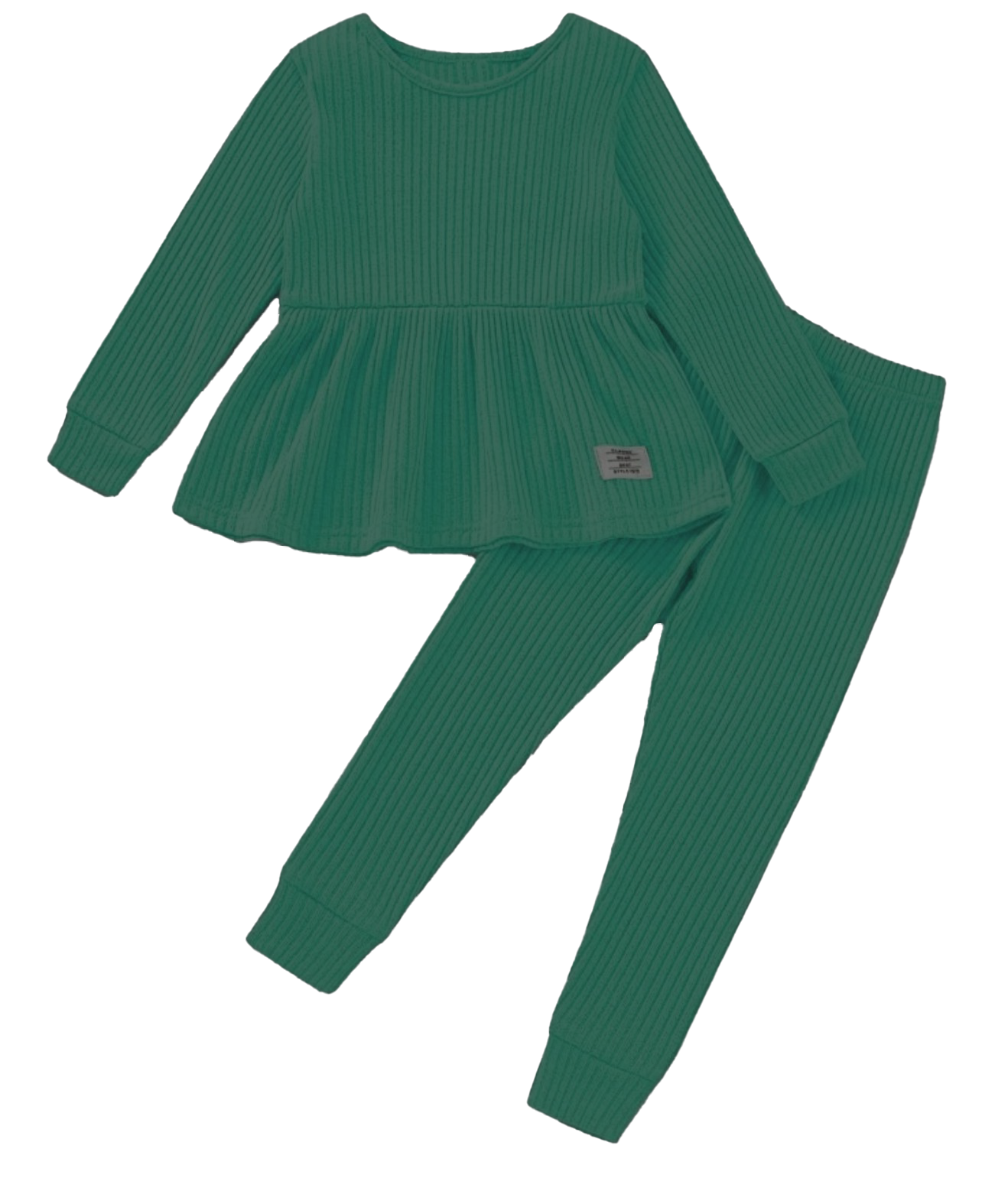 Plush Ribbed Knit Frock with Cuff Trousers - Green