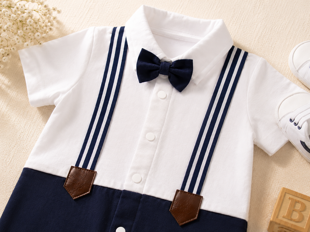 Baby Boy Bow Tie Romper | Polo Collar Suspender Bodysuit – Navy Interlock