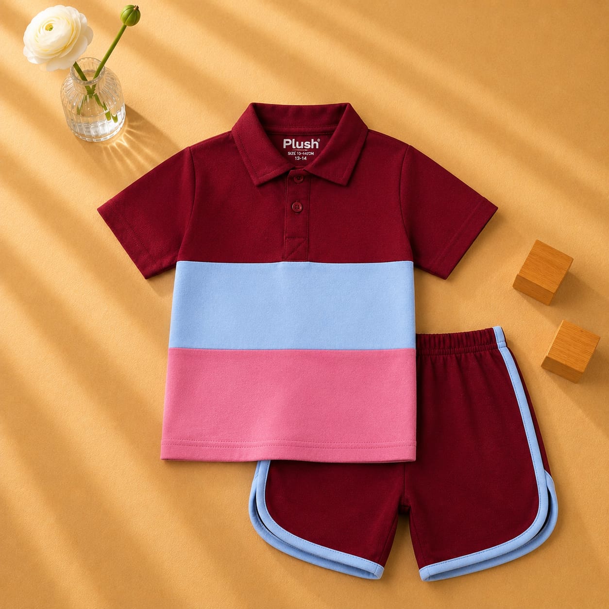 Plush-Baby Plaid Polo Shirt & Shorts-Red-Blue