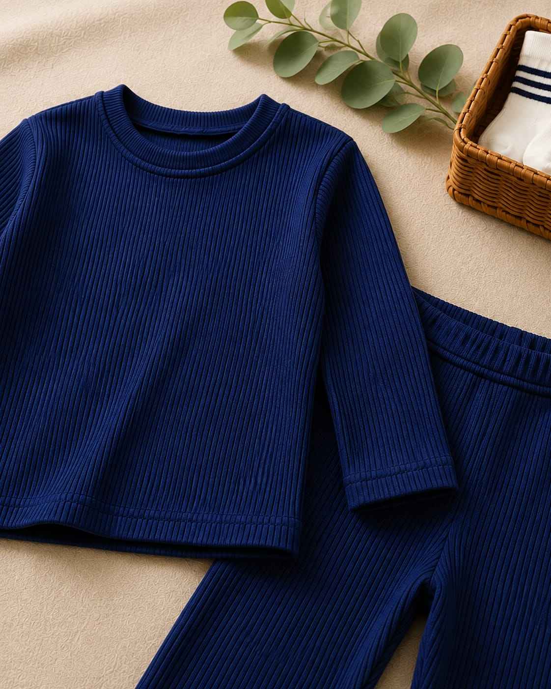 Plush Round Neck Style Ribbed Knit Sweat Set-Dark Blue