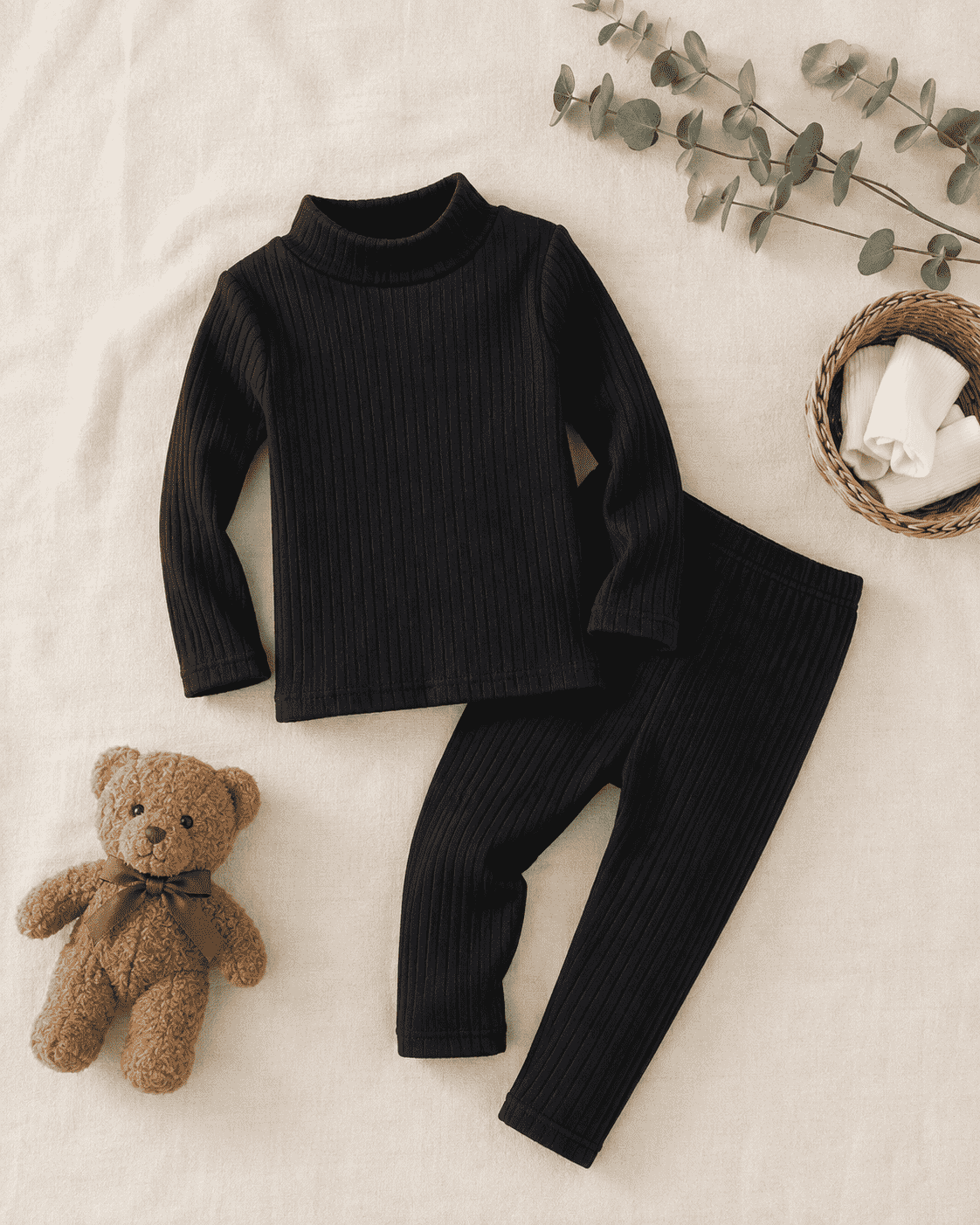 Plush High Neck Style Ribbed Knit Sweat Set - Black