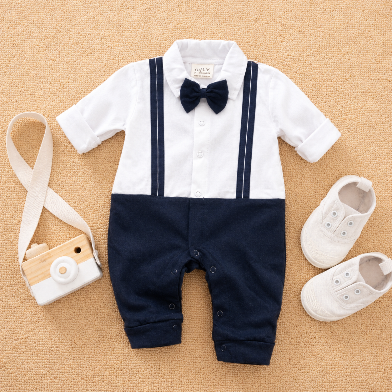 Plush-Polo Romper - White & Blue Contrast with Bowtie & Stripes