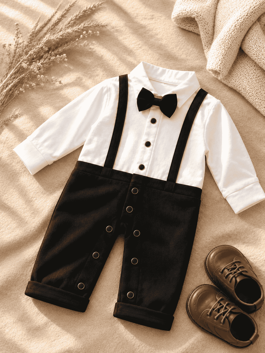 Baby Boy Tuxedo Romper with Bow Tie & Suspenders – Cuffed Formal Outfit
