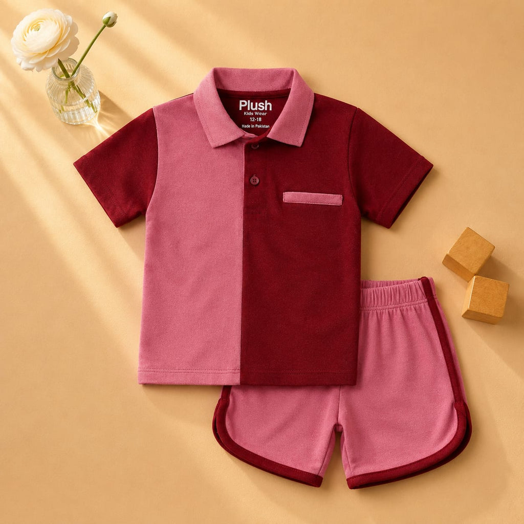 Plush-Baby Plaid Polo Shirt & Shorts-Red-Pink