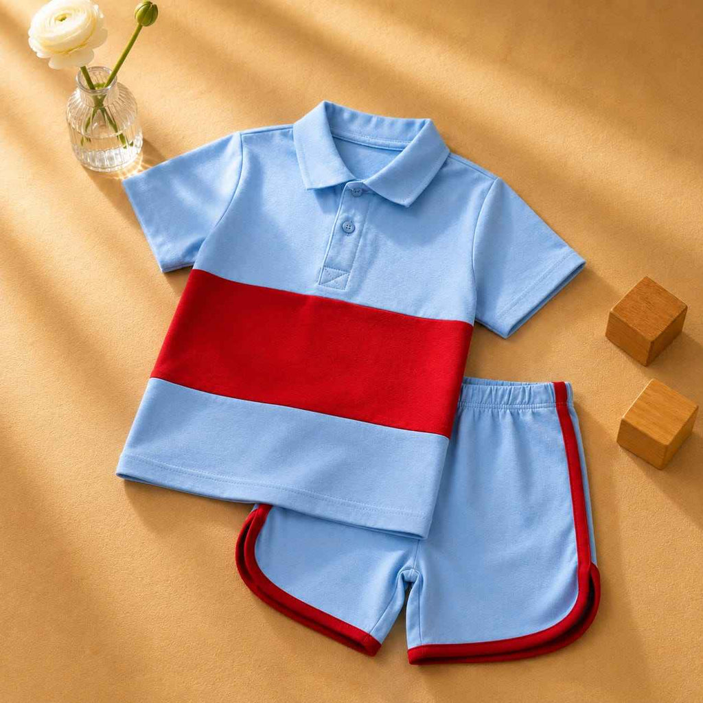 Plush-Baby Plaid Polo Shirt & Shorts-Red-Blue