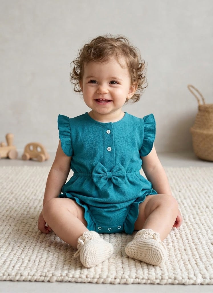 MINI AURA Girls Textured Frill Romper ( Plain ) – Green