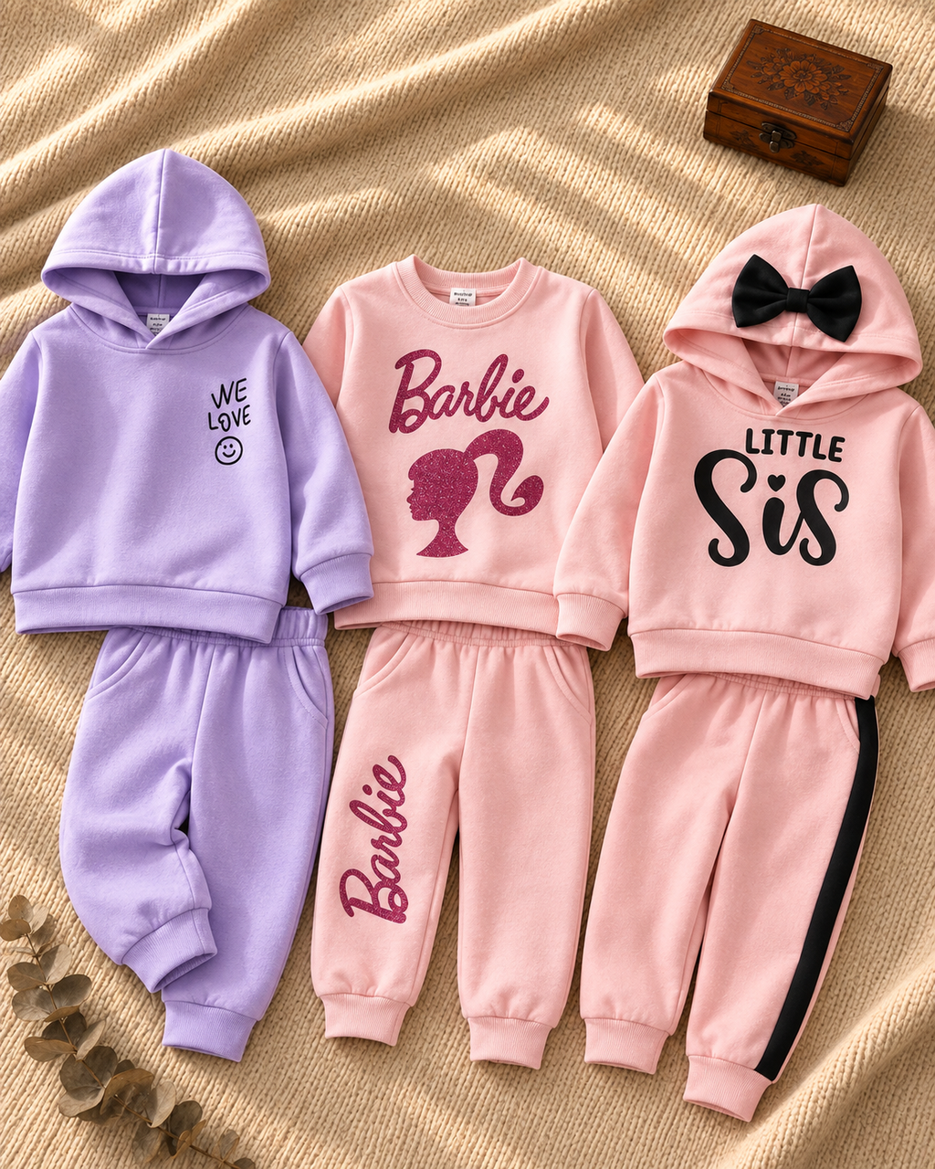 Pack of 3 girls hoodie jogger sets in lavender smiley, pink glitter print and Little Sis bow design