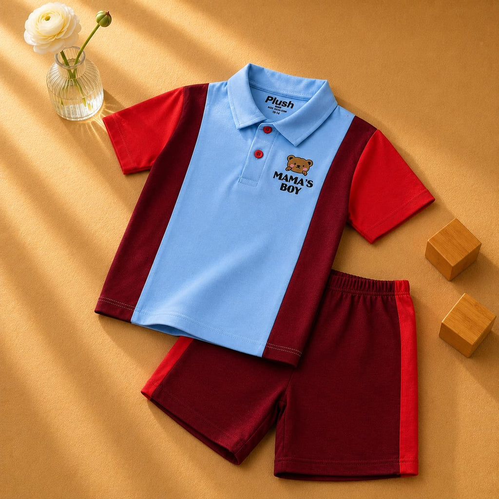 Plush-Baby Plaid Polo Shirt & Shorts-Red-Blue