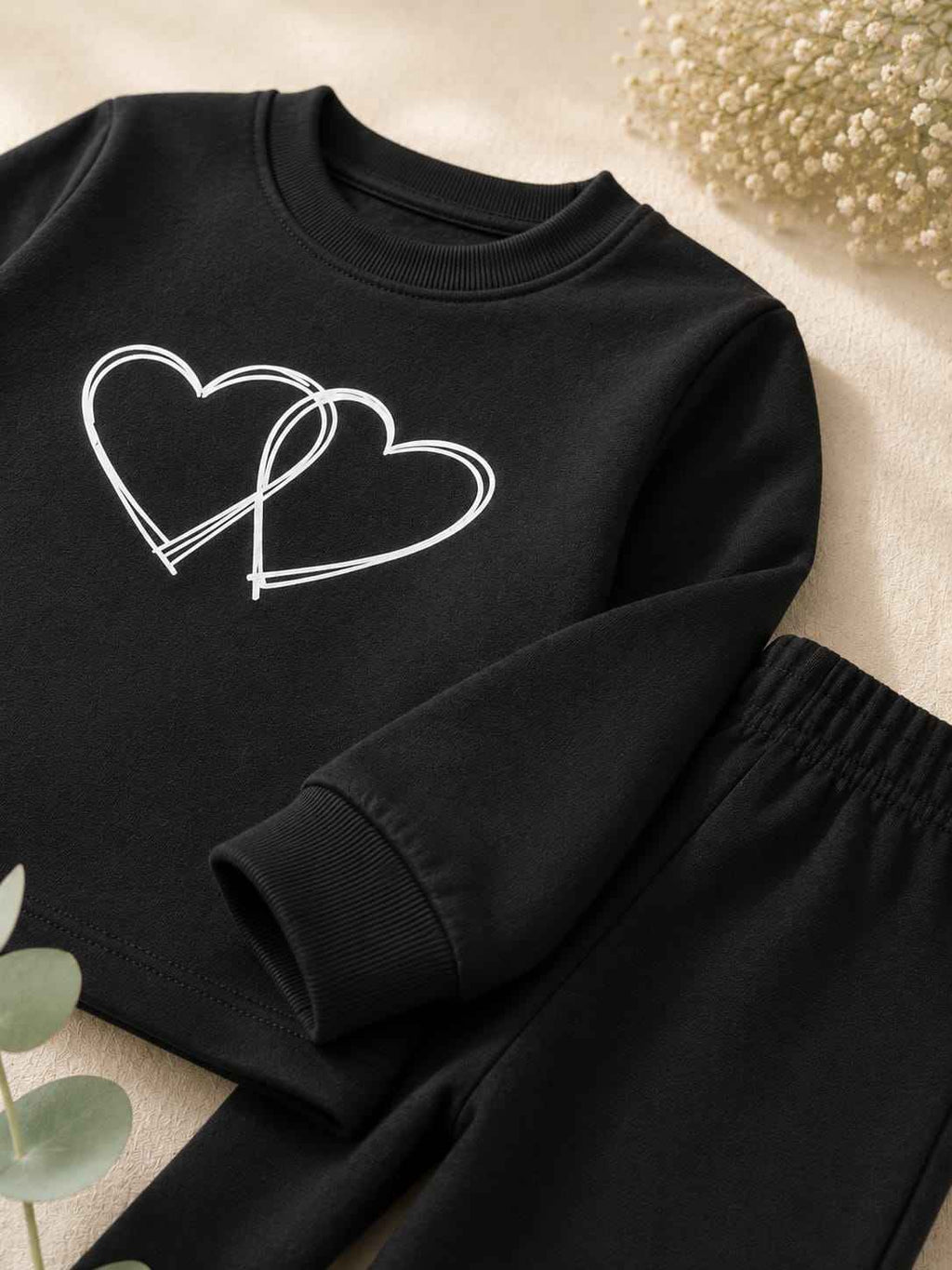 Girls Black Heart Print T-Shirt & Trouser Set