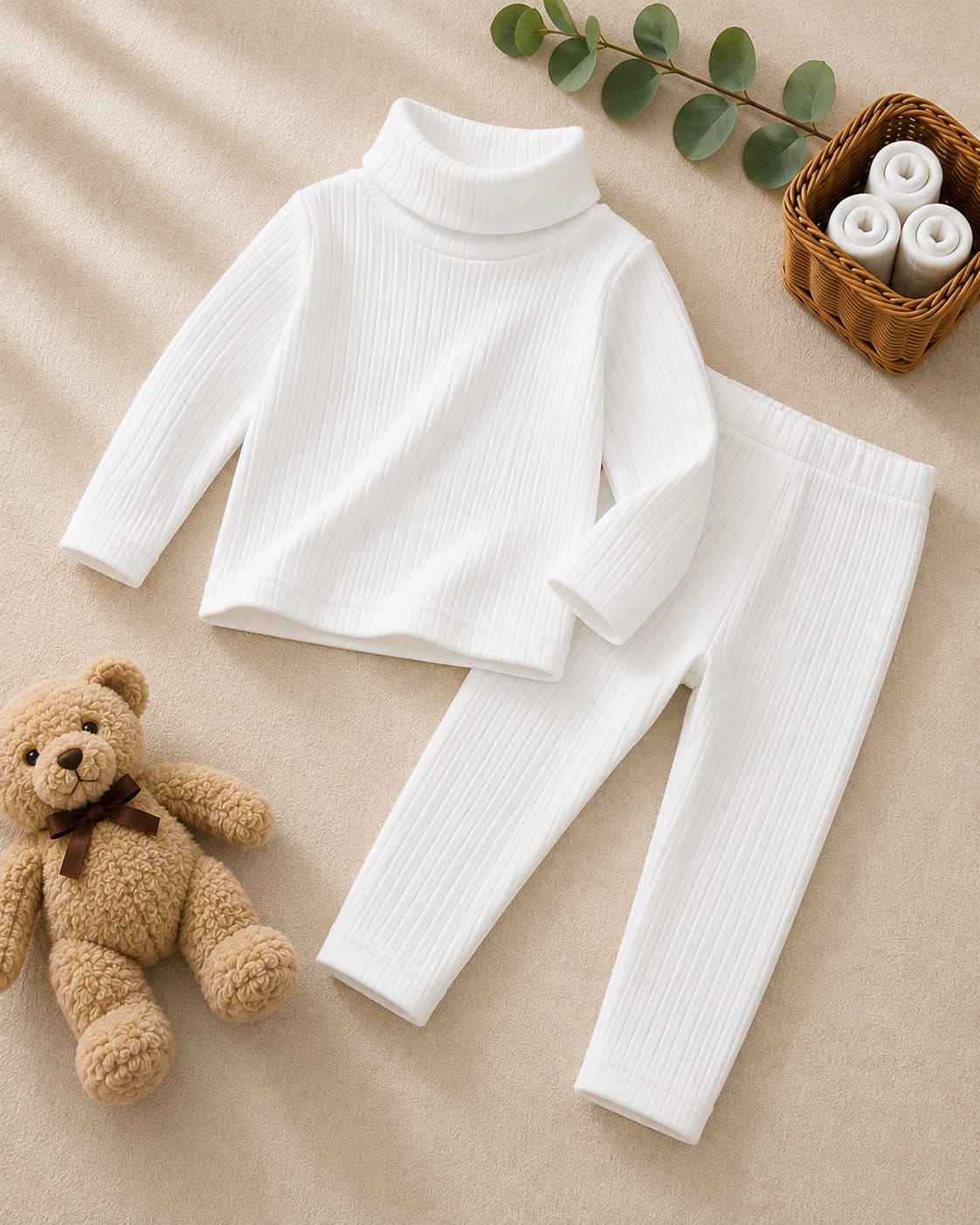 Plush - Shoulder High Neck Style Ribbed Knit Basic Set - white