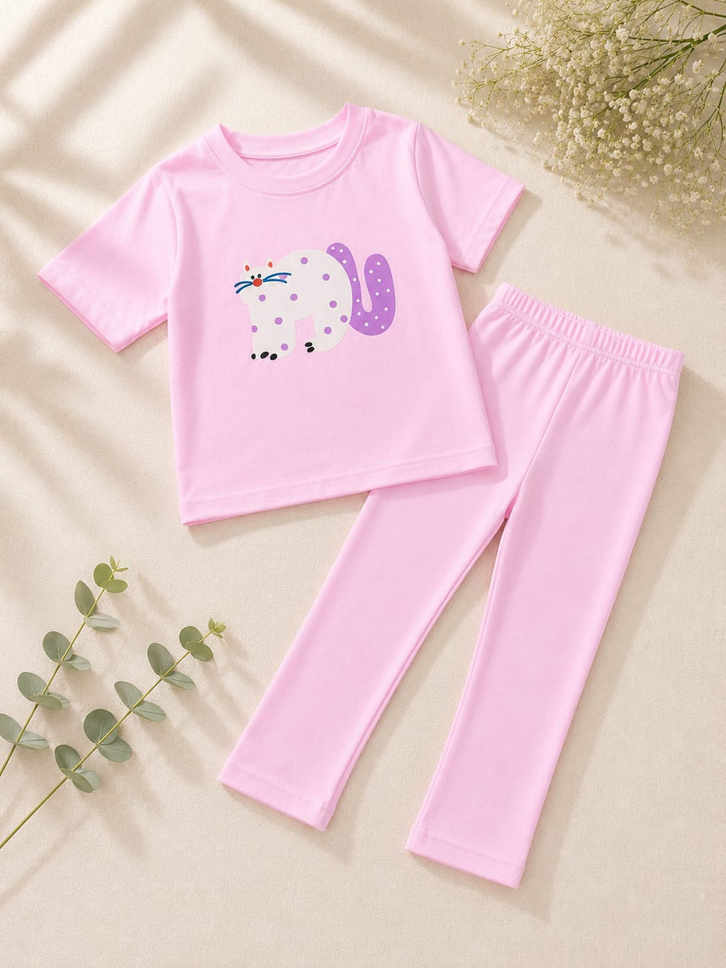 Girls Pink Cat Print T-Shirt & Trouser Set