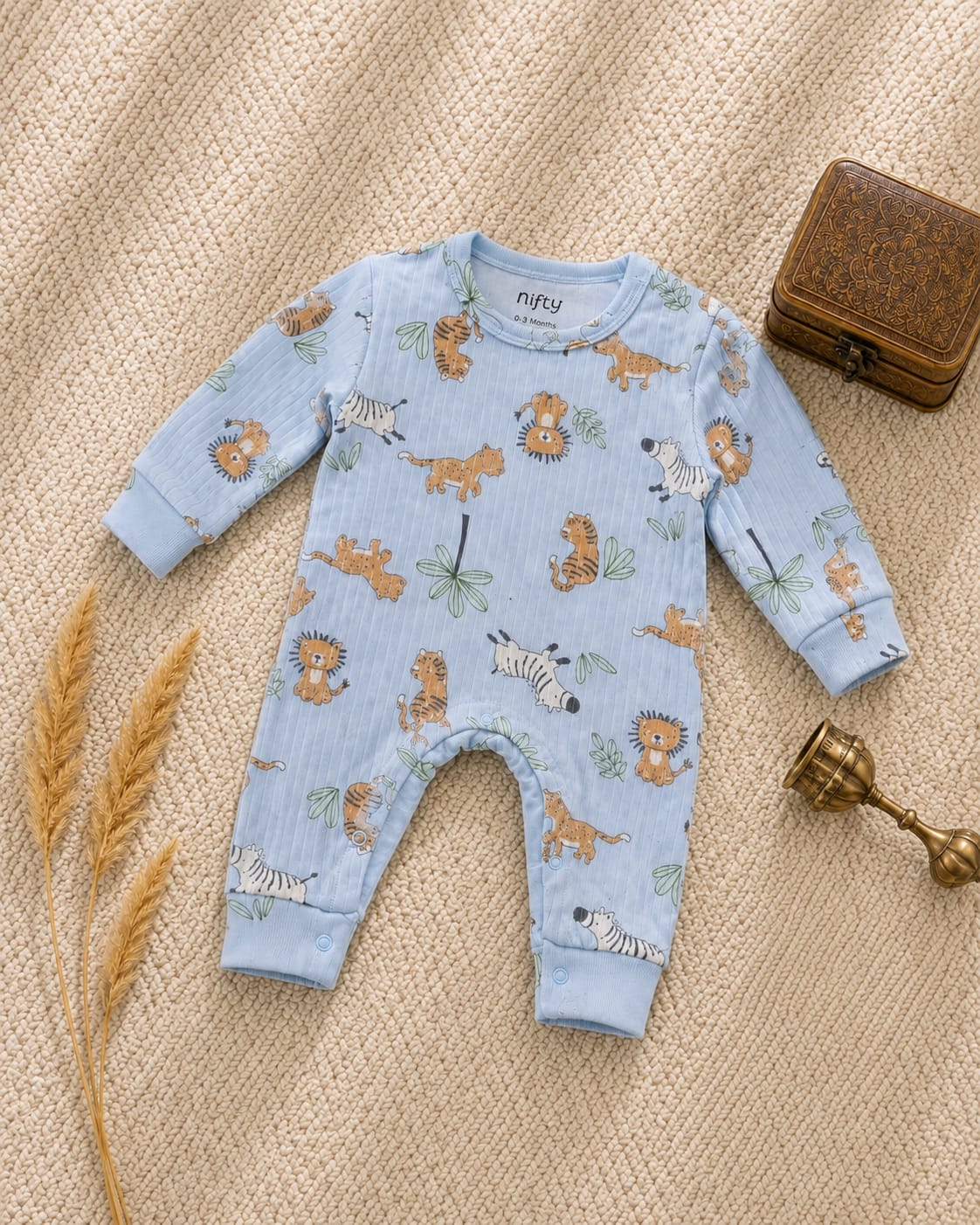 Blue baby romper with safari animal print
