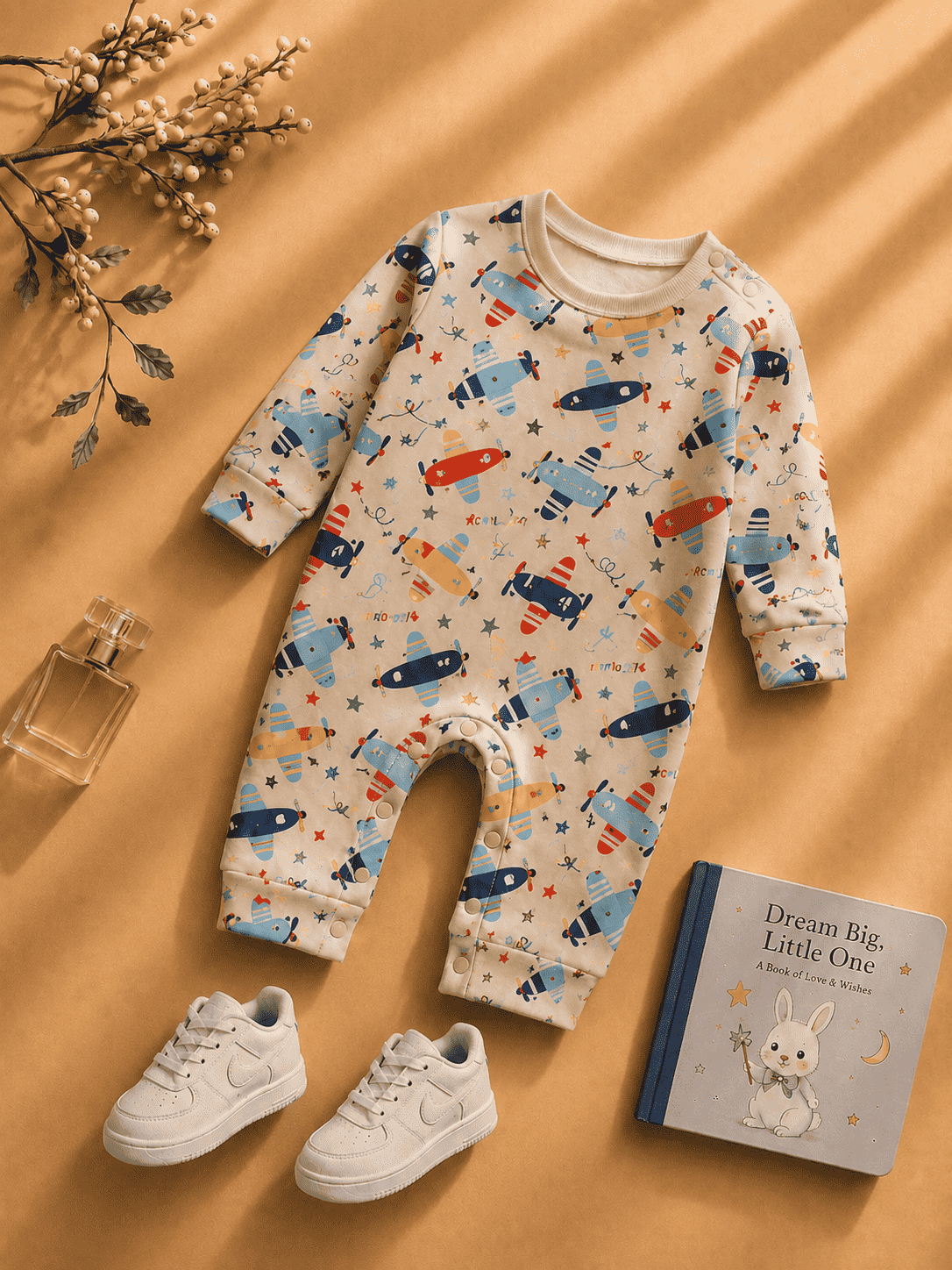 Baby Airplane Print Romper | Beige Long Sleeve Jumpsuit