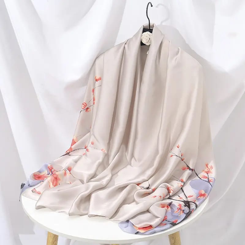 Champagne silk-satin scarf with peach cherry blossom floral print and light purple accents