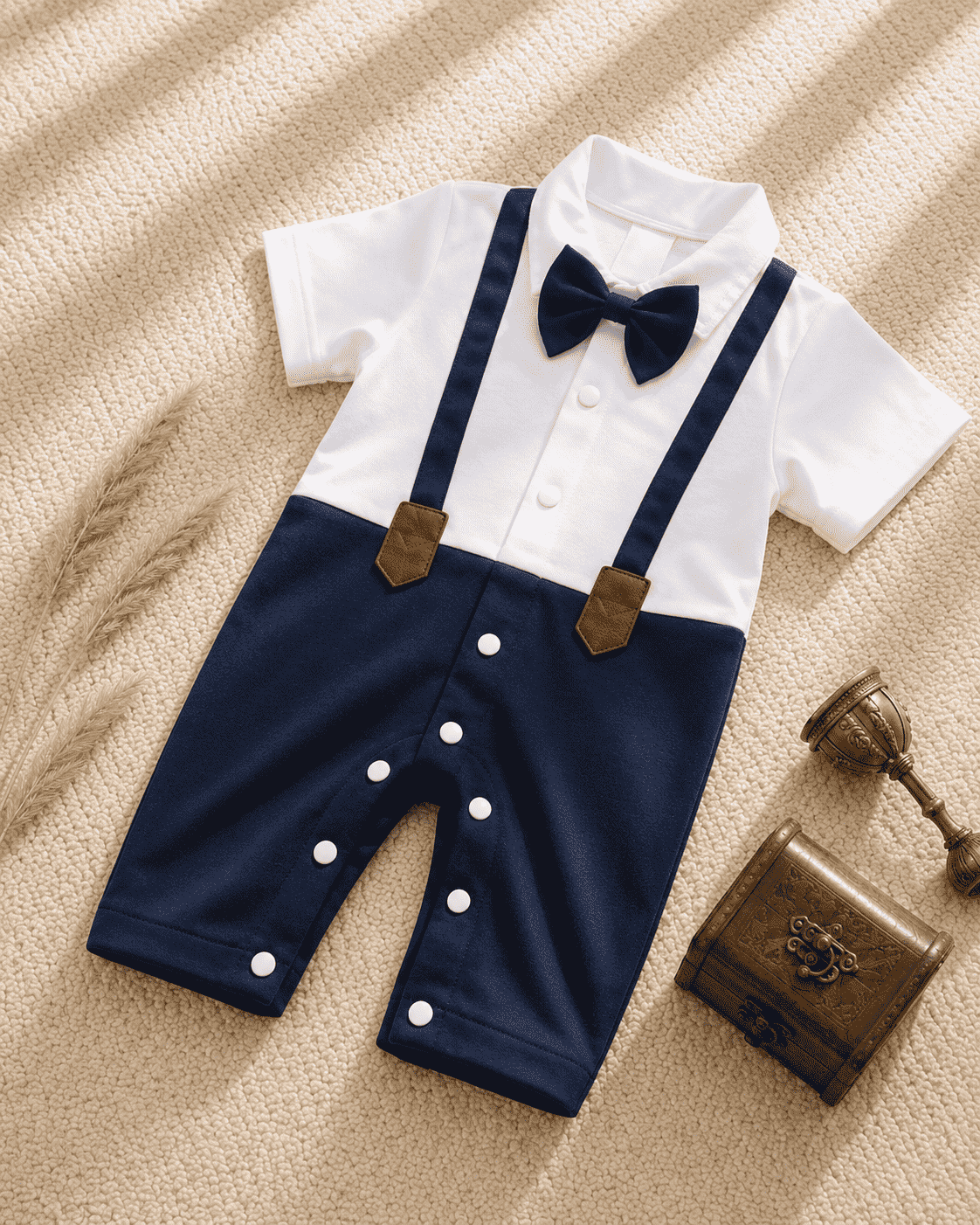 Baby Boy Navy Blue Romper with Bow Tie & Suspenders