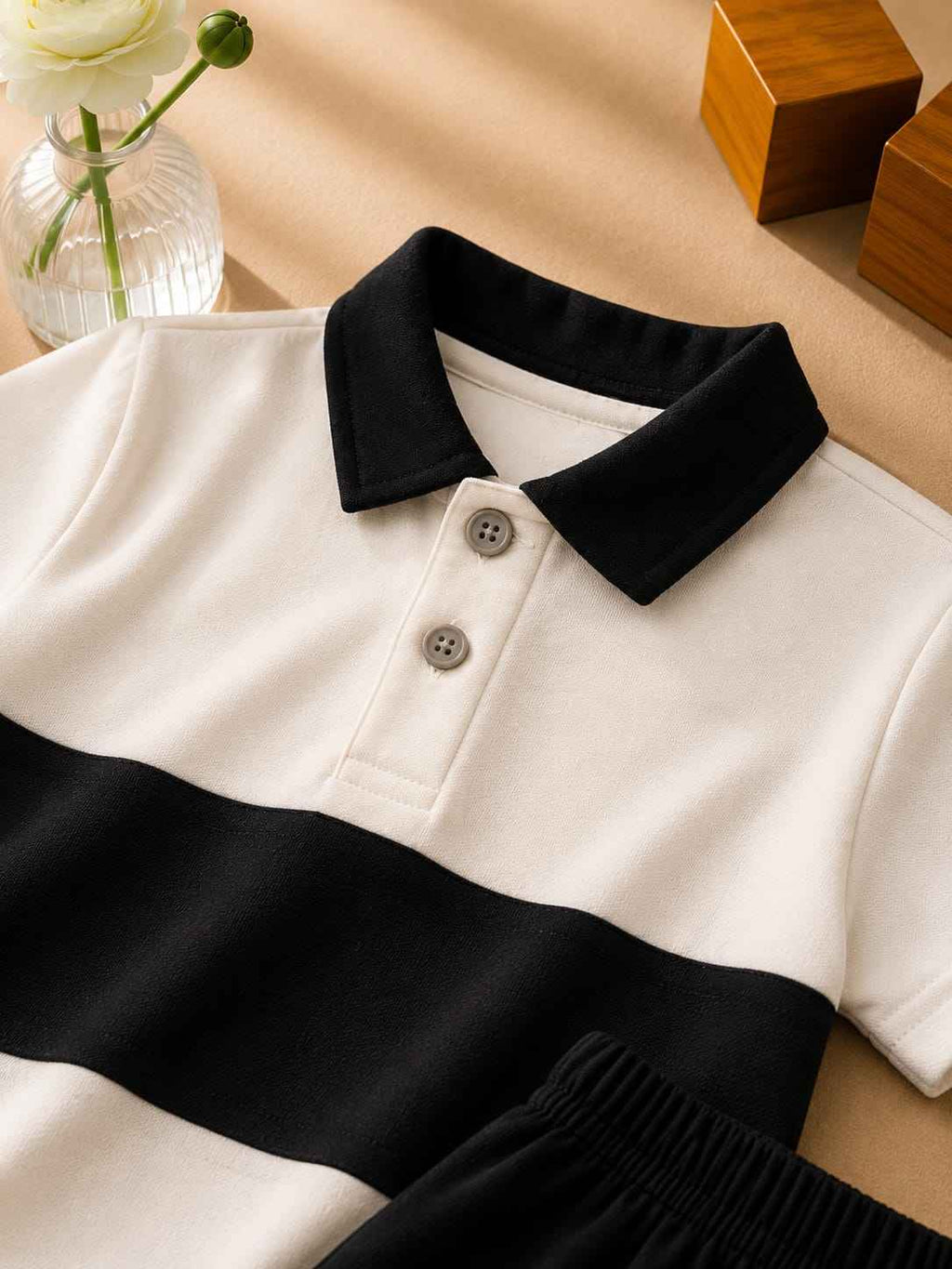 Plush-Baby Plaid Polo Shirt & Shorts-White