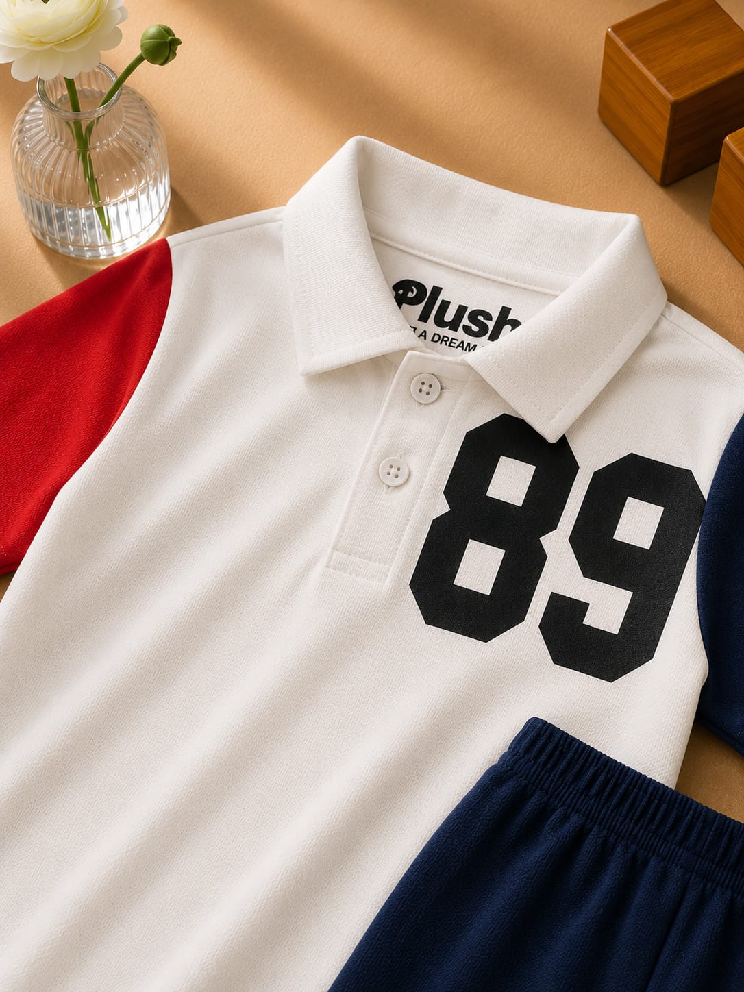 Plush-Baby Plaid Polo Shirt & Shorts-Red-White
