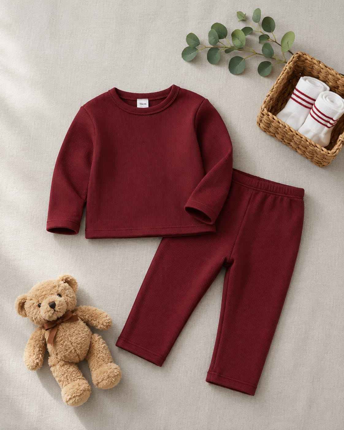 Plush Round Neck Style Ribbed Knit Sweat Set - Maroon