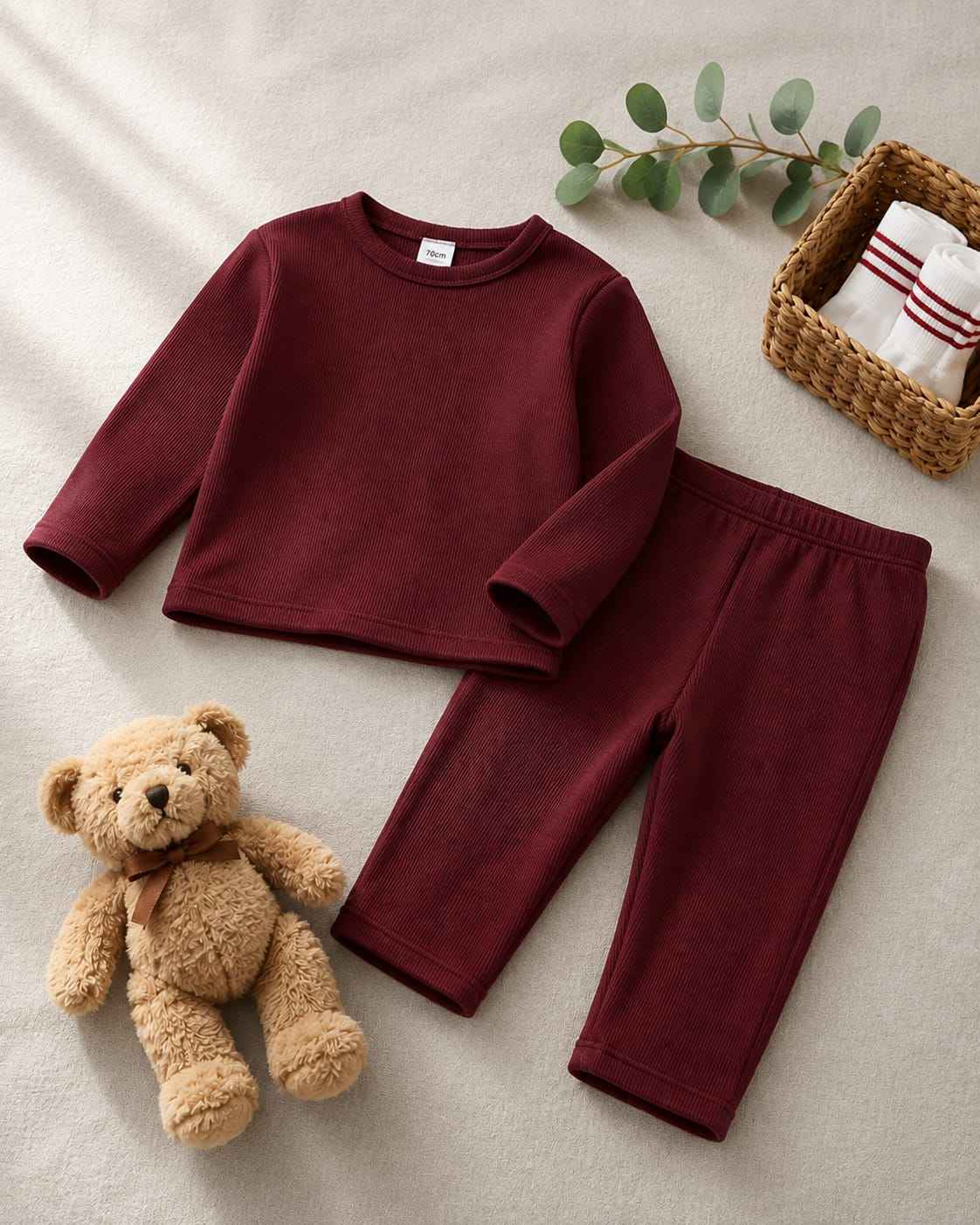 Plush Round Neck Style Ribbed Knit Sweat Set - Maroon
