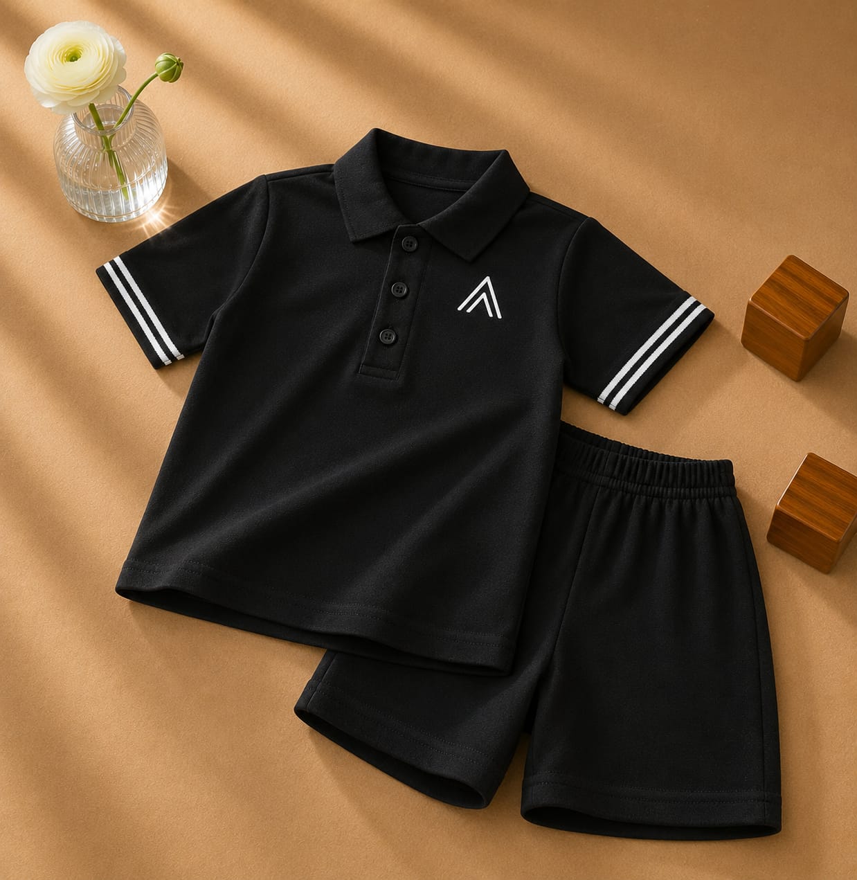 Plush-Baby Plaid Polo Shirt & Shorts-Black
