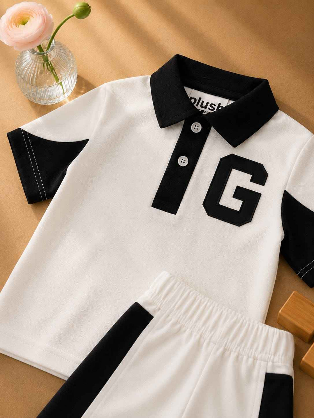 Plush-Baby Plaid Polo Shirt & Shorts-White