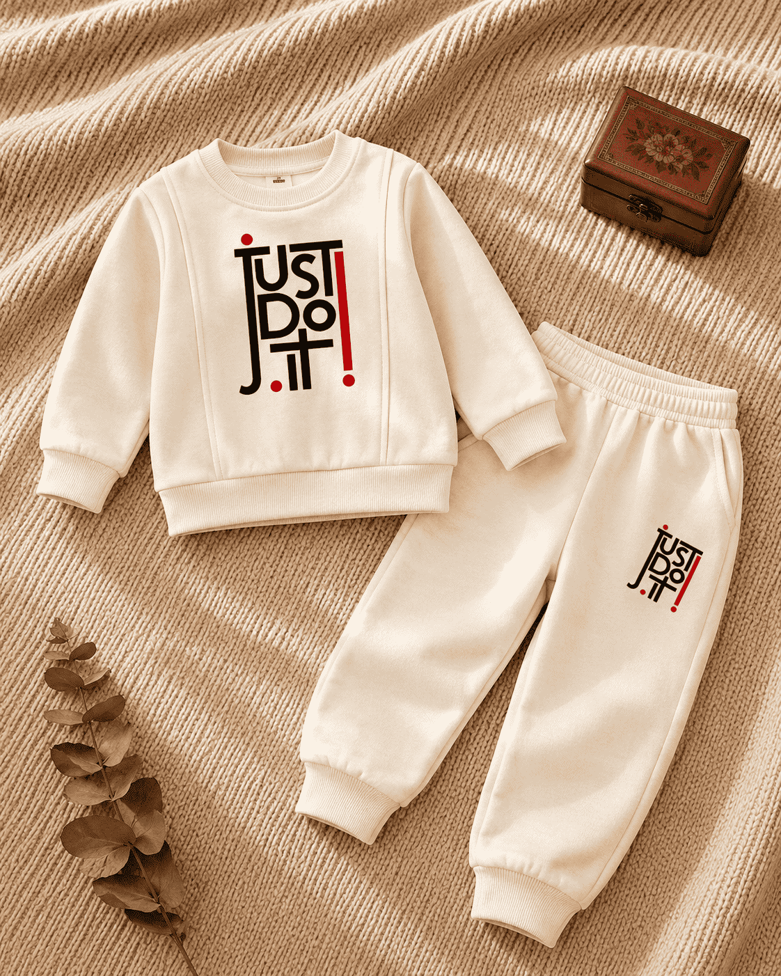 Cream kids sweatshirt and jogger set with bold black and red slogan print