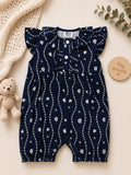 Baby girl navy blue sleeveless romper with white heart stripe print and ruffle collar.
