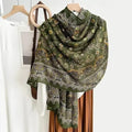 Olive green silk-satin scarf featuring a detailed paisley print and white ornamental border design