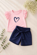 Girls Pink & Navy Heart Print T-Shirt & Shorts Set