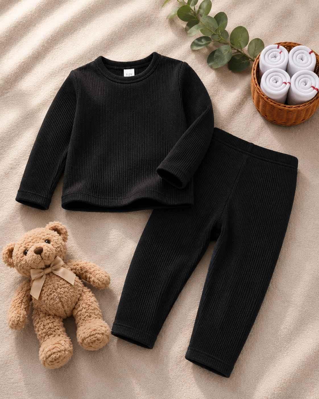 Plush Round Neck Style Ribbed Knit Sweat Set - Black