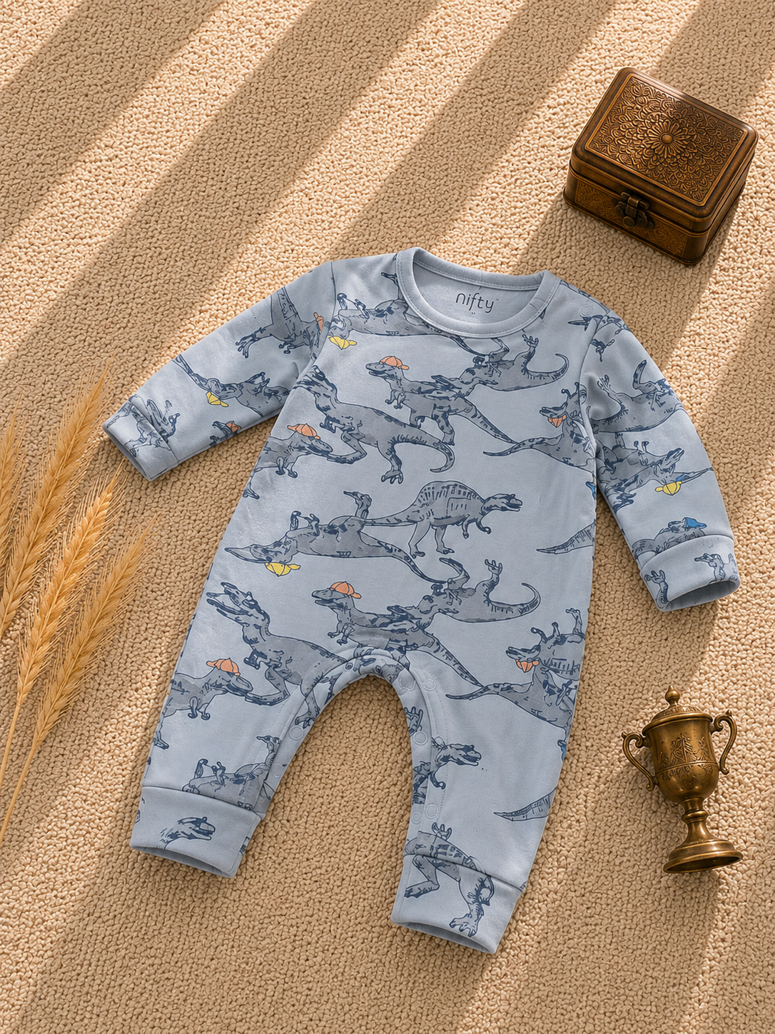 Grey blue baby romper with dinosaur print