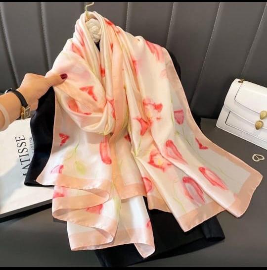 Cream silk-satin scarf with bright pink tulip floral print and peach border