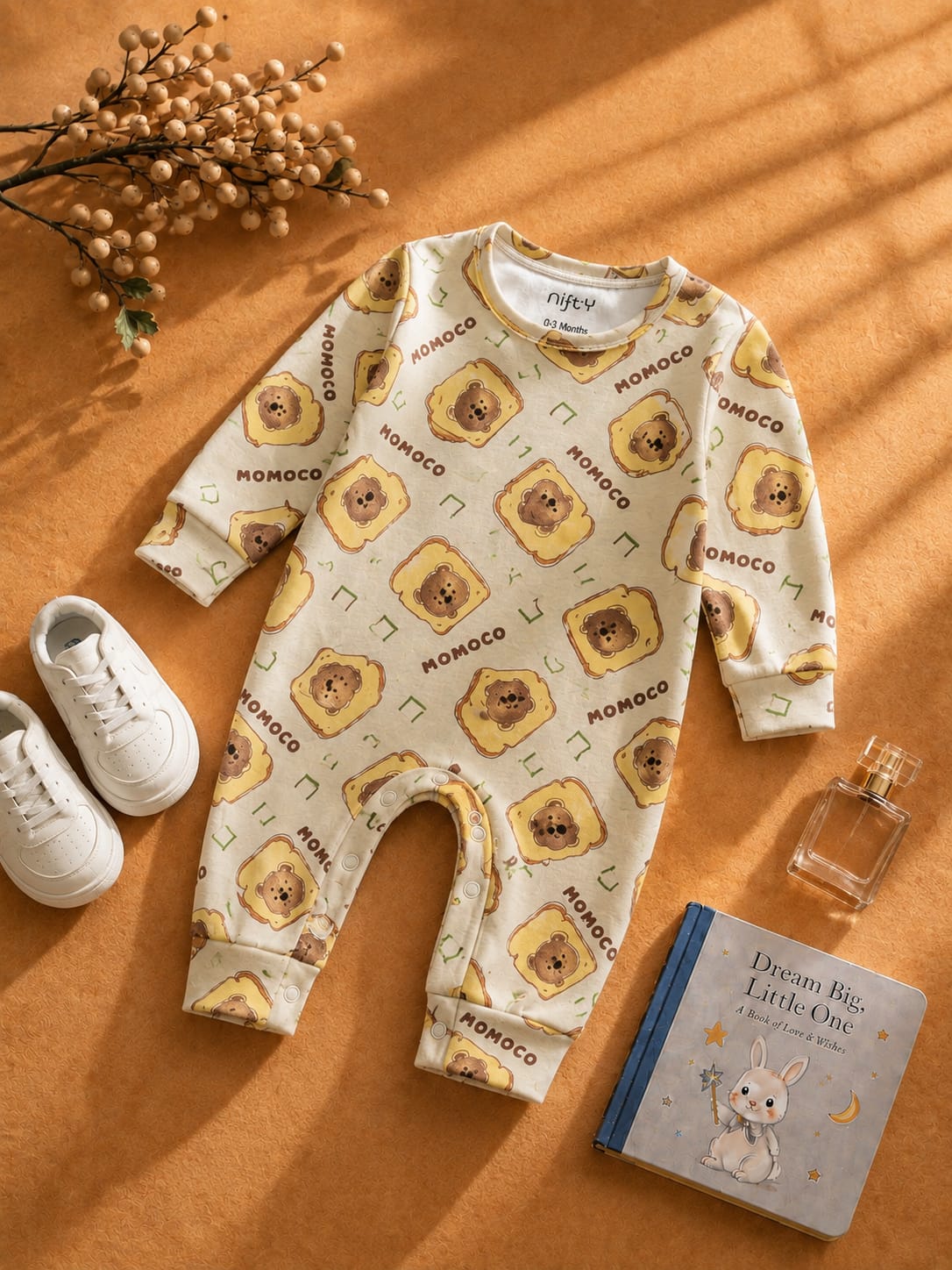 Baby Bear Toast Print Romper | Cream Long Sleeve Jumpsuit