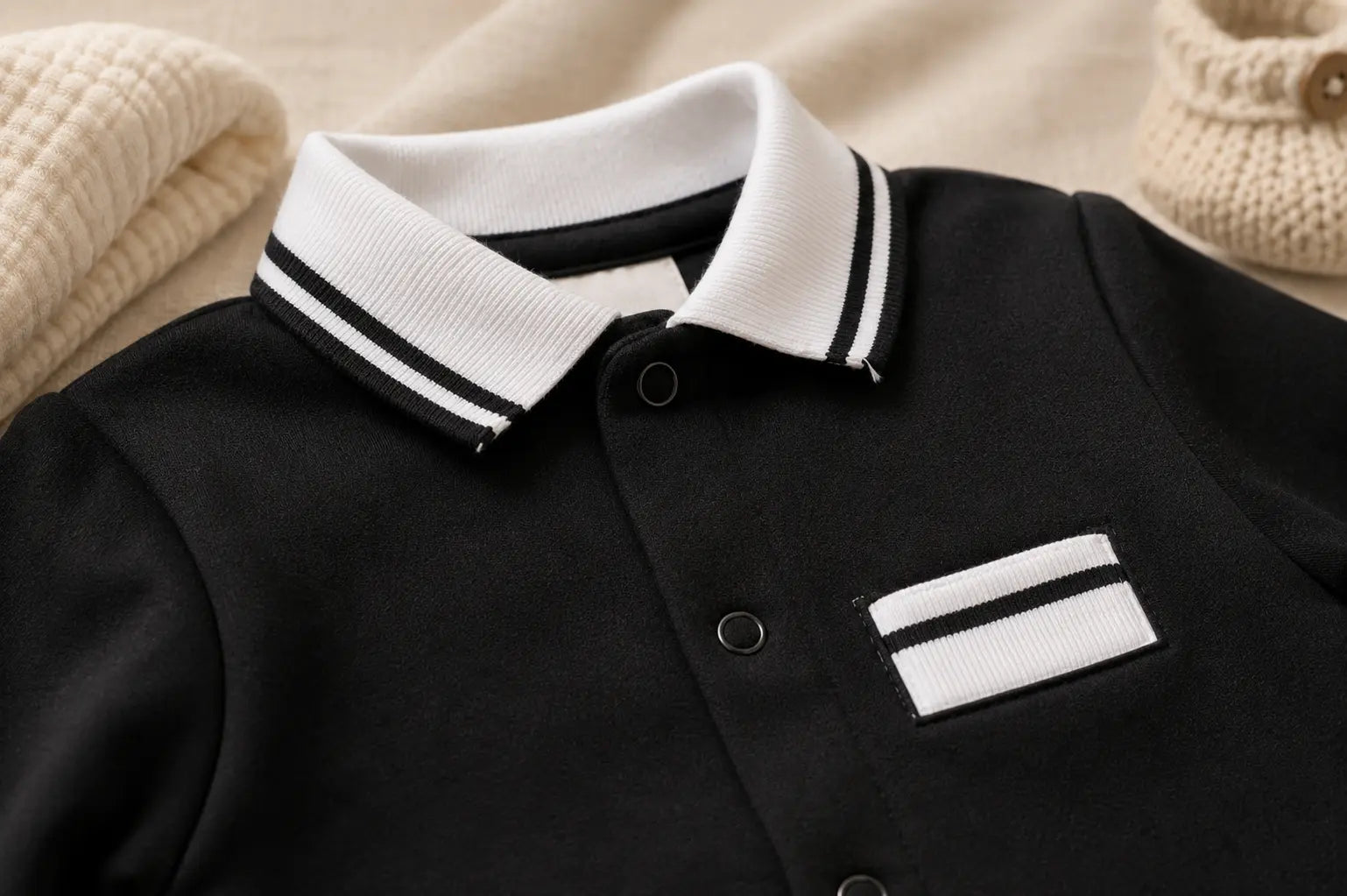 Baby Boy Romper – Black with White Striped Collar Jumpsuit