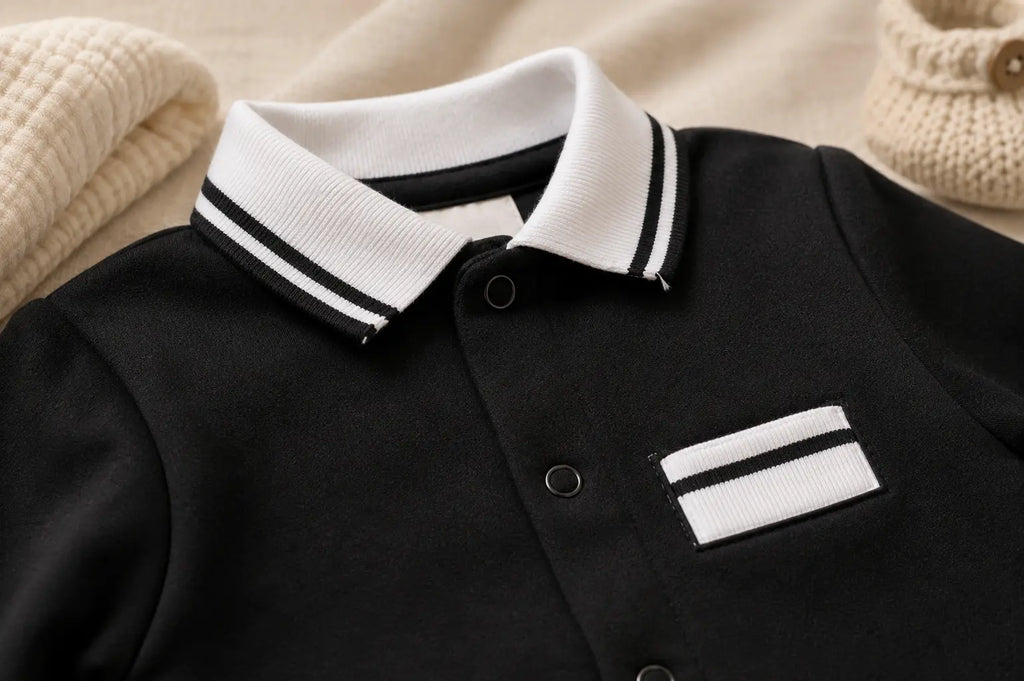 Baby Boy Romper – Black with White Striped Collar Jumpsuit