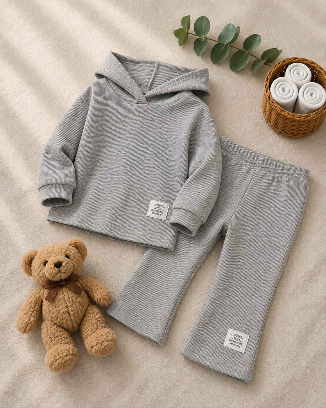 Plush Hoodied Bell Bottom Style Ribbed Knit Basic Set - Grey