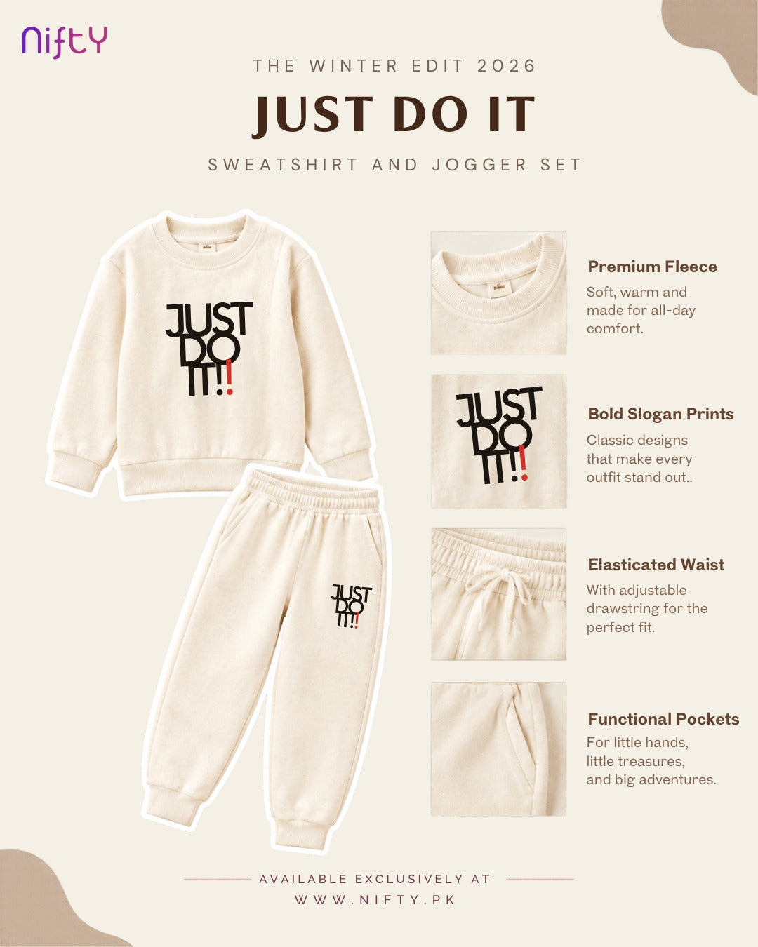 Cream “Just Do It” Kids Sweatshirt and Jogger Set